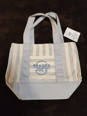 Limited Edition Trader Joe's Mini Embroidered Striped Baby-Blue Canvas Bag